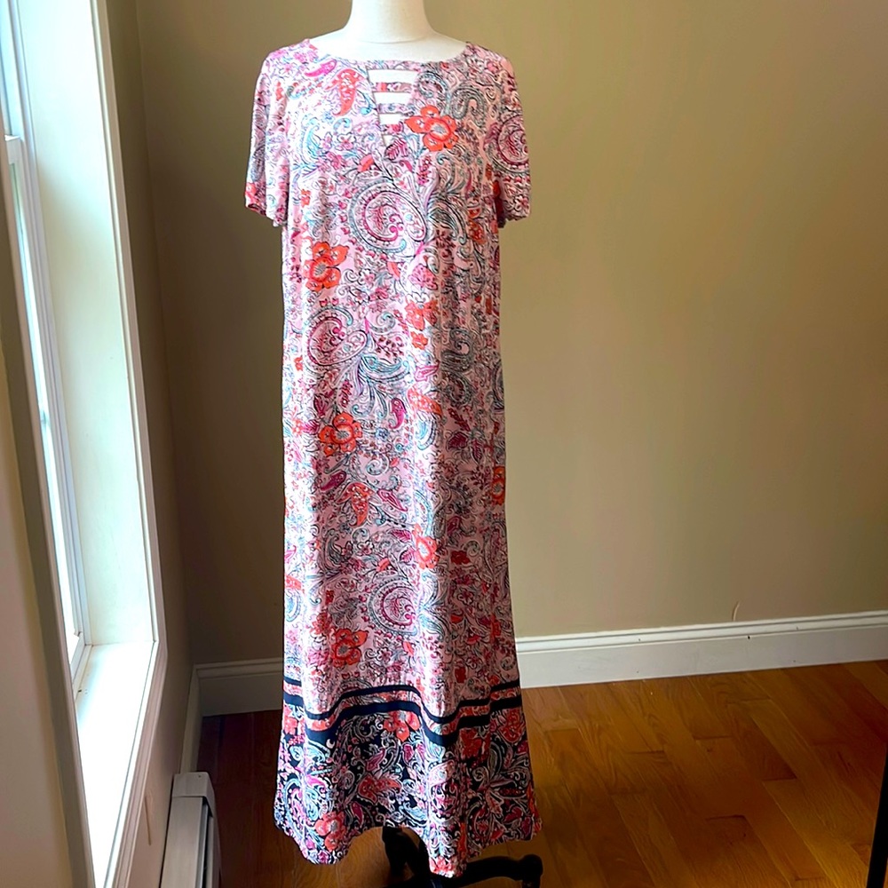 J JILL Long Dress Floral Shirt Sleeve Pink Coral Womens Medium Straight Maxi